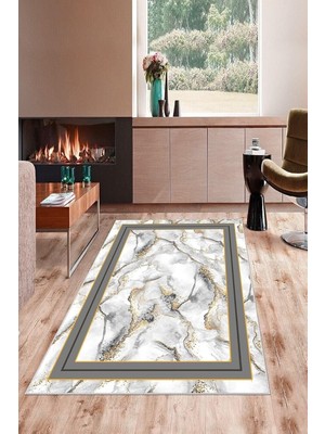 Kazan Hobi Pelangi Beyaz Mermer Desen Gri Çerçeveli Yıkanabilir Kaymaz Taban Leke Tutmaz Modern Salon Halısı ve Yolluk, Gri-Gold 80 x 350, 7457126180350728