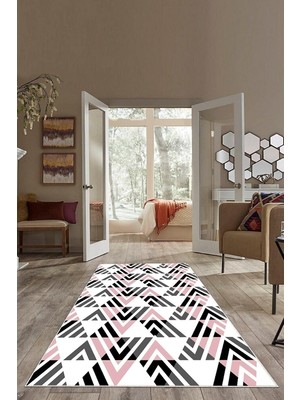 Kazan Hobi Pelangi Pembe Geometrik Desen Renk Geçili Yıkanabilir Kaymaz Taban Leke Tutmaz Modern Salon Halısı ve Yolluk, Pembe-Gri 60 x 120, 745712406012005