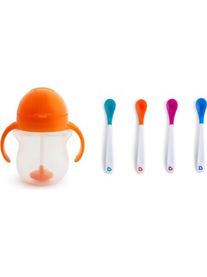 Munchkin Tıklama Kilitli Uçlu Pipetli Alıştırma Bardağı, 6AY+, 207ML, Turuncu ve Isı Göstergeli Yumuşak Uçlu Bebek Kaşıkları 2li Set