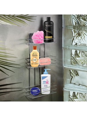 Kazan Hobi BADEM10 Banyo Duş Rafı Şampuanlık Köşelik Kare Krom 3 Katlı Malzemelik Organizer Düzenleyici Mutfak Eşya Rafı