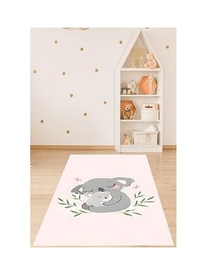 Kazan Hobi Pelangi Koala ve Yavru Koala Hayvan Desenli Yıkanabilir Kaymaz Taban Leke Tutmaz Çocuk Odası Halısı, Pembe-Gri 100 x 400, 9076420233100400
