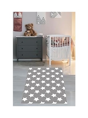 Kazan Hobi Pelangi Yıldız Desenli Gri Yıkanabilir Kaymaz Taban Leke Tutmaz Çocuk Odası Halısı, Gri-Beyaz 100 x 600, 9038680054100600