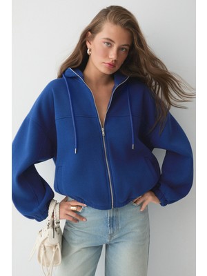 Ethiquet Valıt Kadın Çift Cepli Eteği ve Kol Ucu Lastikli Fermuarlı Oversize Saks Mavi Sweatshirt