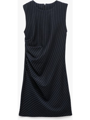 Koton Drapeli Slim Fit Bisiklet Yaka Kolsuz Çizgili Mini Elbise