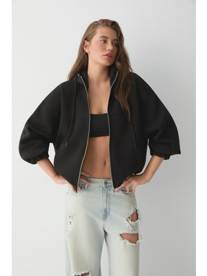 Ethiquet Valıt Kadın Çift Cepli Eteği ve Kol Ucu Lastikli Fermuarlı Oversize Siyah Sweatshirt
