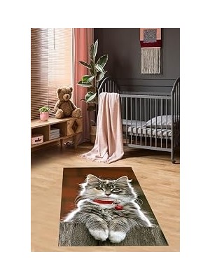 Kazan Hobi Pelangi Kedi Desenli Halı Kedili Halı Dijital Baskı Yıkanabilir Kaymaz Taban Çocuk Odası Halısı, Kahverengi 180 x 300