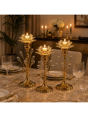 Vien Home 3'lü Kristal Lotus Mumluk Seti Gold Dekoratif Metal Şamdan (28-34-40 Cm)