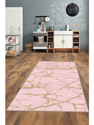 Kazan Hobi Pelangi Pembe Gold Desenli Yıkanabilir Kaymaz Taban Leke Tutmaz Modern Salon Halısı ve Yolluk, Pembe 100 x 500, 135822710050005