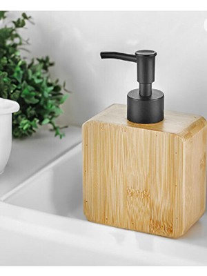 Kazan Hobi Duffa Premium Doğal Bambu Sıvı Sabunluk - Pompalı Ahşap Kare Sabun Dağıtıcı, Banyo ve Mutfak Tezgâh Üstü Lüks Sıvı Sabun Şişesi