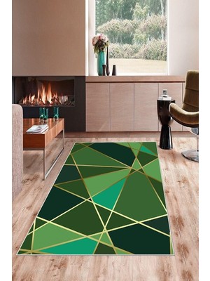 Kazan Hobi Pelangi Yeşil Geometrik Desen Gold Çizgi Yıkanabilir Kaymaz Taban Leke Tutmaz Modern Salon Halısı ve Yolluk, Yeşil 100 x 350, 7457126810035005