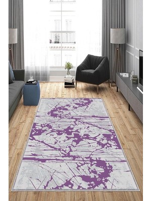 Kazan Hobi Pelangi Gri Desenli Mor Detaylı Yıkanabilir Kaymaz Taban Leke Tutmaz Modern Salon Halısı ve Yolluk, Mor 80 x 500, 13582068050005