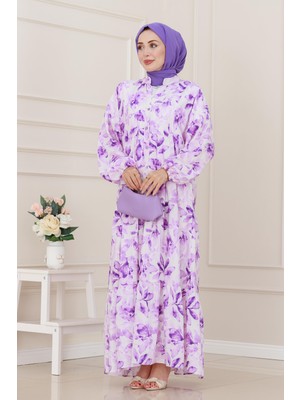Yarım Düğmeli Lotus Elbise-Mor