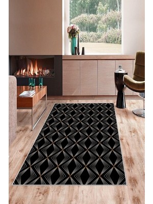 Kazan Hobi Pelangi Geometrik Karo Desen Gold Şertili Yıkanabilir Kaymaz Taban Leke Tutmaz Modern Salon Halısı ve Yolluk, Siyah-Gold 100 x 150