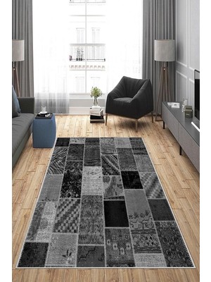 Kazan Hobi Pelangi Gri Patchwork Kırkyama Desen Yıkanabilir Kaymaz Taban Leke Tutmaz Modern Salon Halısı ve Yolluk, Siyah-Antrasit 80 x 600, 135817280600728