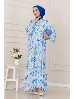Yarım Düğmeli Lotus Elbise-Mavi