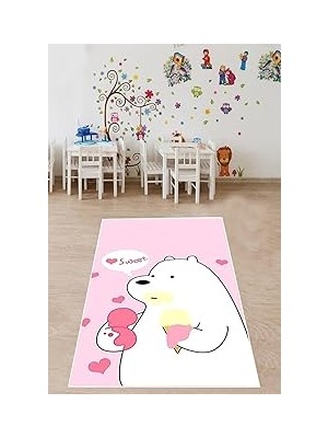 Kazan Hobi Pelangi Sevimli Ayı Desenli Halı Dijital Baskı Yıkanabilir Kaymaz Taban Leke Tutmaz Çocuk Odası Halısı, Pembe-Beyaz 100 x 600