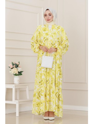 Yarım Düğmeli Lotus Elbise-Sarı