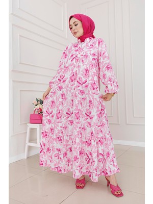 Yarım Düğmeli Lotus Elbise-Pembe