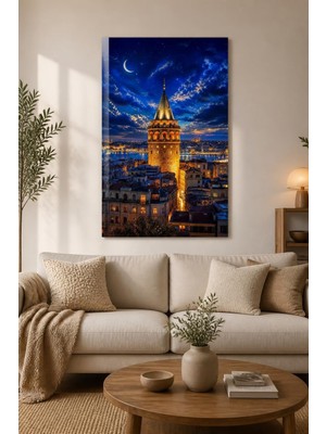 Mythog Galata Kulesi Desenli Baskılı Cam Tablo – Istanbul Gece Manzaralı Uv Duvar Tablosu