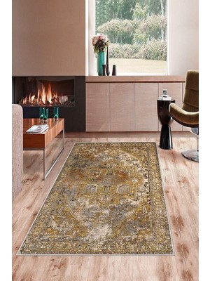 Kazan Hobi Pelangi Kahverengi Vintage Desen Çerçeveli Yıkanabilir Kaymaz Taban Leke Tutmaz Modern Salon Halı ve Yolluk, Hardal-Bej 100 x 400, 74571113100400728