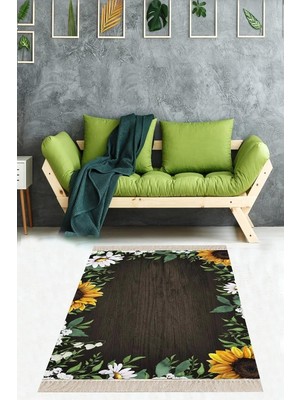 Kazan Hobi Pelangi Papatya Desenli Ağaç Dijital Baskı Yıkanabilir Kaymaz Taban Modern Salon Halısı, Kahverengi 80 x 200