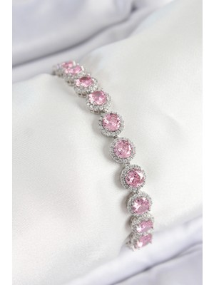 DMR Elegance Pirinç Pembe Zirkon Taşlı Daire Baget Model Gümüş Renk Vıp Seri Kadın Bileklik
