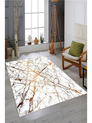 Kazan Hobi Pelangi Çok Renkli Gold Çizgi Mermr Desen Yıkanabilir Kaymaz Taban Leke Tutmaz Modern Salon Halısı ve Yolluk, Altın-Beyaz 160 x 230, 7457116716023005