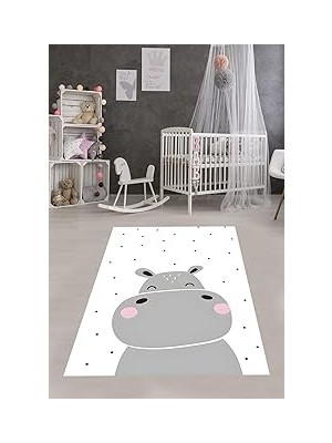 Kazan Hobi Pelangi Sevimli Hipopotam Su Aygırı Yıldızlı Yıkanabilir Kaymaz Taban Leke Tutmaz Çocuk Odası Halısık, Gri-Beyaz-Siyah 160 x 300, 76420421603001