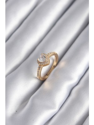 DMR Elegance Pirinç Gold Renk Zirkon Taşlı Kalp Charm Model Kadın Yüzük