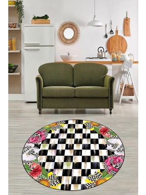 Kazan Hobi Pelangi Çiçekli Dama Desenli Dijital Baskı Yıkanabilir Kaymaz Taban Yuvarlak Salon Halısı, Siyah-Krem 180 x 180, 9998002918018005