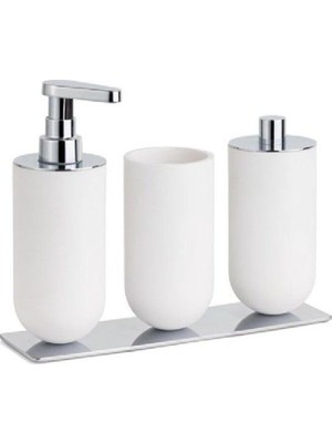 Kazan Hobi System 3'lü Set Sıvı Sabunluk-Diş Fırçalığı-Pamukluk Beyaz/krom Renk 206X87X265 mm