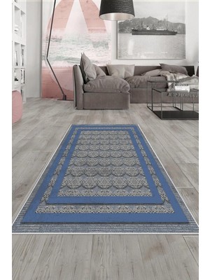 Kazan Hobi Pelangi Lacivert Osmanlı Motifli Yıkanabilir Kaymaz Taban Leke Tutmaz Modern Salon Halısı ve Yolluk, Koyu Mavi-Gri 180 x 250, 135809418025005