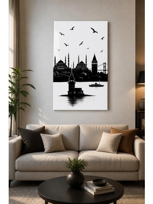 Mythog Istanbul Silüeti Baskılı Cam Tablo – Siyah Beyaz Uv Baskı Dekoratif Duvar Tablosu