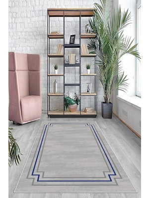 Kazan Hobi Pelangi Mavi Geometrik Çerçeve Desenli Yıkanabilir Kaymaz Taban Leke Tutmaz Modern Salon Halısı ve Yolluk, Gri-Mavi 160 x 230, 7457101616023005