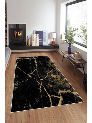 Kazan Hobi Pelangi Siyah Zemin Mermer Desenli Yıkanabilir Kaymaz Taban Leke Tutmaz Modern Salon Halısı ve Yolluk, Siyah-Sarı 180 x 300, 74571140180300728
