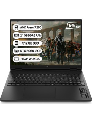 Hp Hyperx Omen 15 D2QW2EA Amd Ryzen 7 260 24GB 512GB SSD RTX5060-8GB Freedos 15.3" Wuxga 165Hz Taşınabilir Bilgisayar