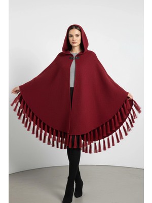 Kadın Bordo Kapüşonlu Dokulu Panço