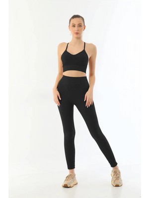 Hace Bazaar Siyah  3921 Soft Seamless Ripli Tayt Yoga Takımı