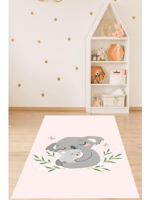 Kazan Hobi Pelangi Koala ve Yavru Koala Hayvan Desenli Yıkanabilir Kaymaz Taban Leke Tutmaz Çocuk Odası Halısı, Pembe-Gri 100 x 400, 9076420233100400