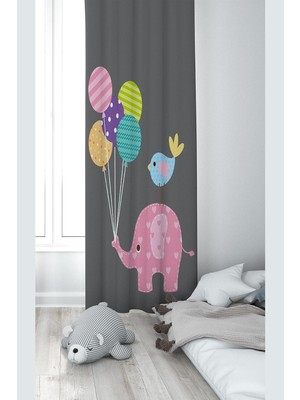 Kazan Hobi Pelangi Fil ve Balon Desenli Dijital Baskı Yıkanabilir Bebek Çocuk Odası Fon Perdesi, Füme 140 x 240