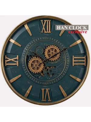 Han Clock Petra Metal Çarklı Duvar Saati 60CM (Bakır-Petrol yeşili)
