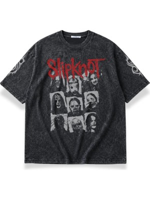 Fuddy Moda Unisex Slipknot Logo Kol Baskılı Yıkamalı T-Shirt, Oversize Rock Band Temalı Retro Tişört