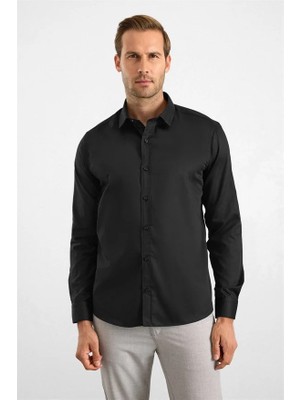 Süvari Siyah Slim Klasik Yaka Düz Casual Gömlek