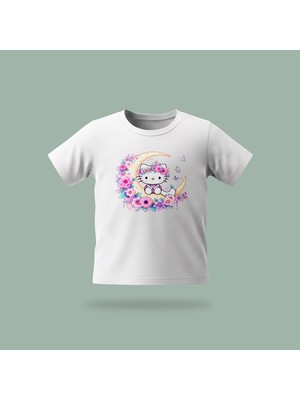 Çocuk Kitty Moon Desenli Baskılı Tişört %100 Pamuk Süprem Kumaş - Beyaz