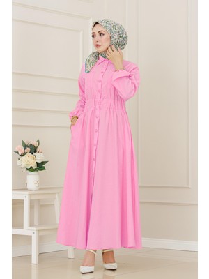 Sevitli Beli Lastikli Cepli Yasmin Elbise-Pembe