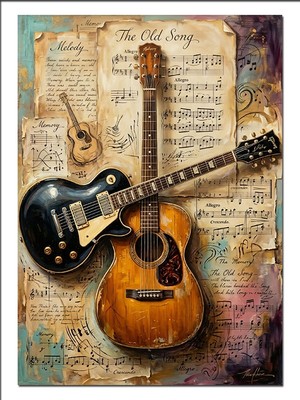 Tablomega Gitarlar Nota Kağıdı Vintage Koleksiyon Dekoratif Kanvas - Mdf Ahşap Tablo