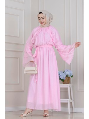 Sevitli Fırfır Detaylı Lora Elbise-Pembe
