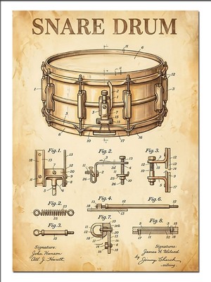 Artmeg Snare Drum Teknik Çizim Vintage Dekoratif Kanvas - Mdf Ahşap Tablo