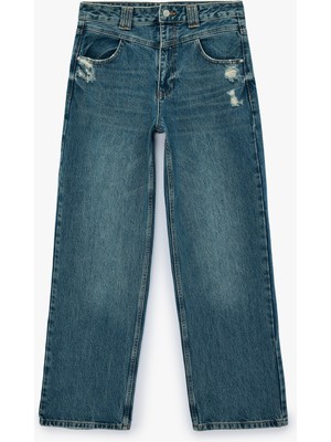 Koton Yıpratma Detaylı Rahat Kalıp Düz Paça Pamuklu Baggy Denim Pantolon - Baggy Jeans