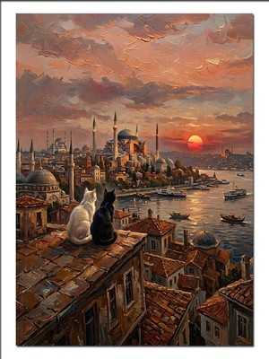 Tablomega Istanbul Gün Batımı ve Iki Kedi Dekoratif Kanvas - Mdf Ahşap Tablo
